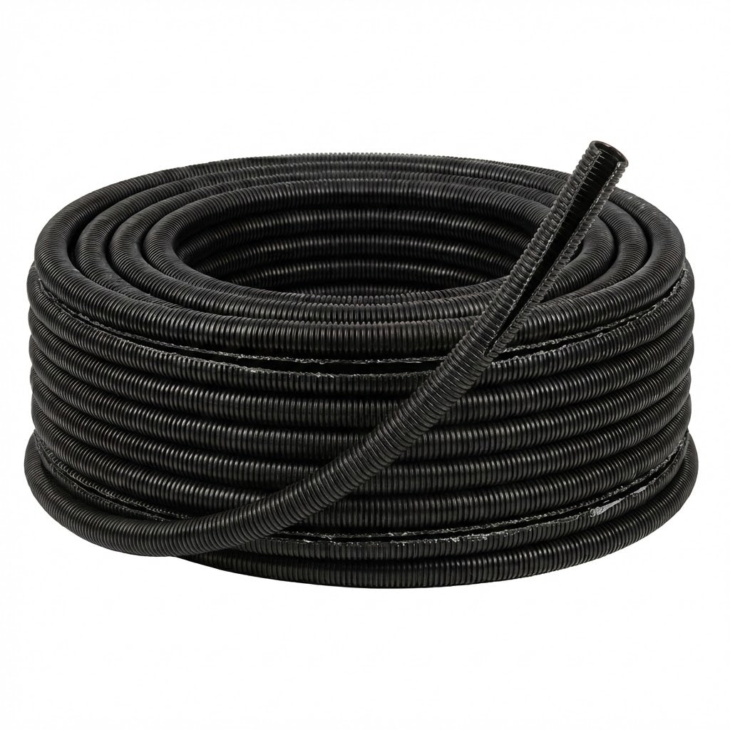 גליל 100 מטר צינור שרשורי שחור חצוי (מחורץ) וחסין אש להגנת כבלים פנסים Plus
