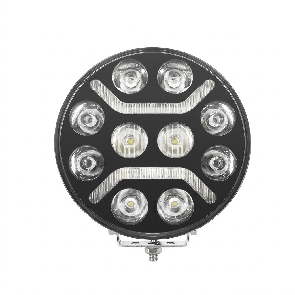 פנס עבודה פרוג'קטור לד עגול 10-30V לרכב ולמשאית עם תאורת לד לבנה ושני פסי לד מהבהבים בצבע כתום אמבר בשילוב פסי ניאון כתום מהבהב פנסים פלוס