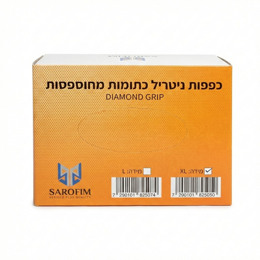 קרטון כפפות ניטריל כתומות מחוספסות Diamond Grip עבות וחזקות - מארז חיסכון 500 יחידות