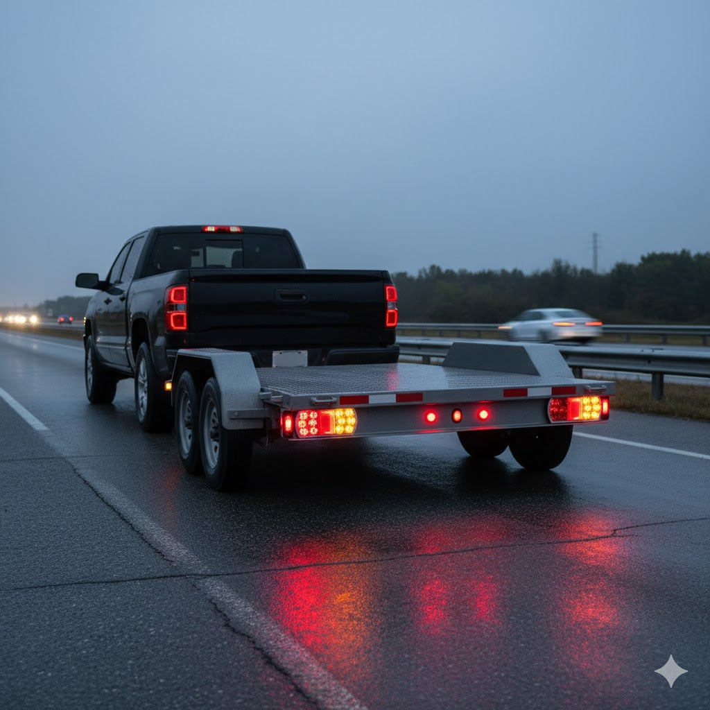 פנס אחורי לנגרר 12-24V במידה 16.5X8 ס"מ עם תאורת LED אדומה וכתובה מותקן על עגלה נגרר מואר  