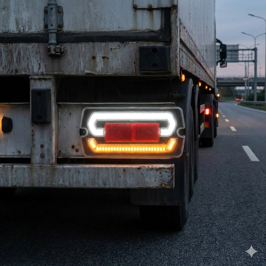 פנס אחורי לנגרר LED 12-24V ללא רוורס עם אור ברקס ואיתות מותקן על משאית 