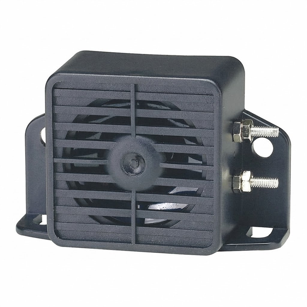 זמזם רוורס מרובע שחור למשאיות, טרקטורים וציוד צמ"ה, מתח רחב 12V-80V, עם גריל קדמי והדקי חיבור צדדיים פנסים פלוס