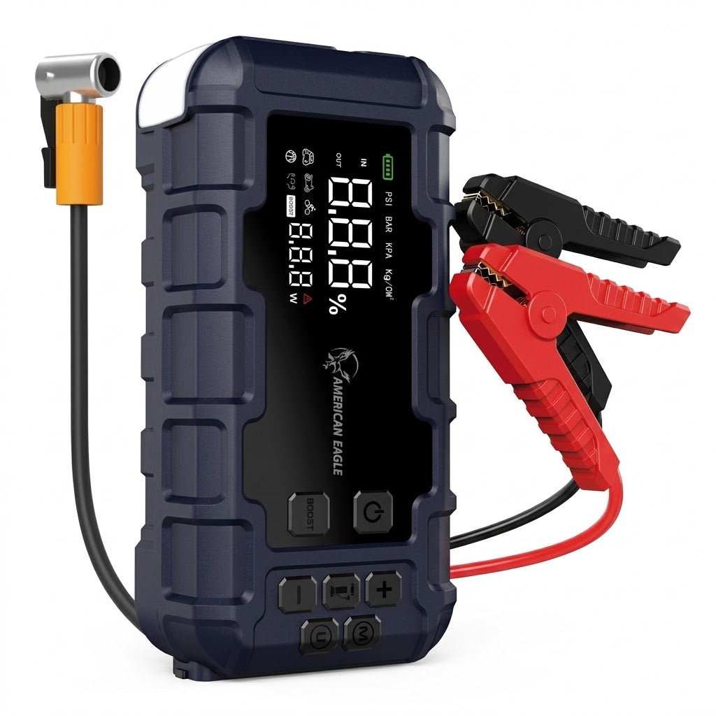 בוסטר התנעה מקצועי 1200A משולב קומפרסור לרכב מבית American Eagle עם מסך LCD וצבתות חכמות פנסים Plus