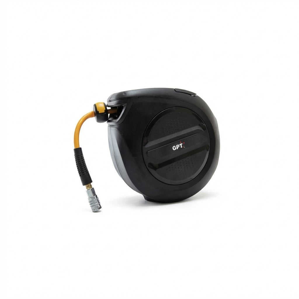 גלגלת לחץ אוויר אוטומטית מקצועית 15 מטר GPT עם מנגנון גלילה וצינור כתום עמיד פנסים פלוס