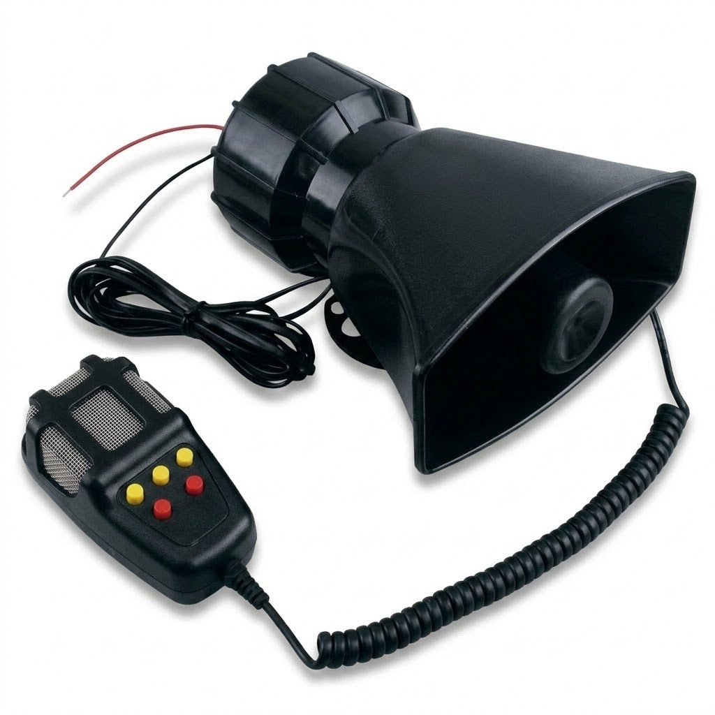מערכת כריזה מקצועית 200W למתח 12V הכוללת רמקול שופר ושלט מיקרופון – מתאימה לג'יפים, סירות, קלאב קאר וטרקטורונים פנסים פלוס