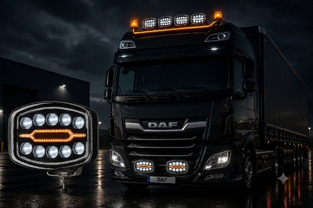 פנס לד אובלי משולב אור כתום למשאיות DAF, מוצג בגודל מלא לצד משאית דאף שחורה בלילה פנסים פלוס 