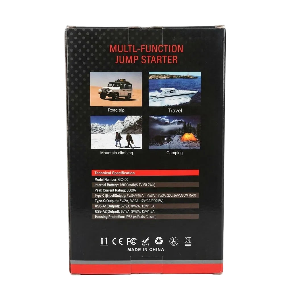 בוסטר הנעה לרכב FOXWAY 3000A דגם GC400 עם סוללה 16000mAh מבית פנסים Plus