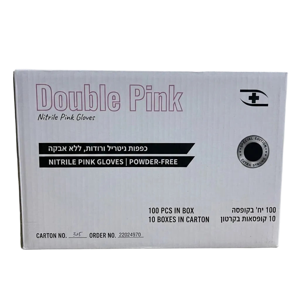 קרטון כפפות ניטריל ורודות Double Pink ללא אבקה 1000 יחידות 4 ידות לבחירה S XS M L פנסים Plus