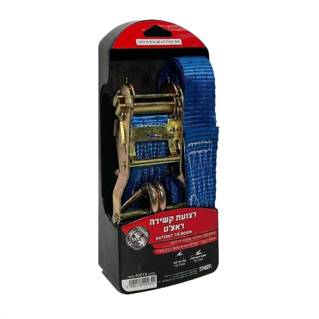 רצועת קשירה ראצ'ט4  מטר 2 טון (38 מ"מ) – רצועה כחולה לאבטחת מטען כבד למשאיות