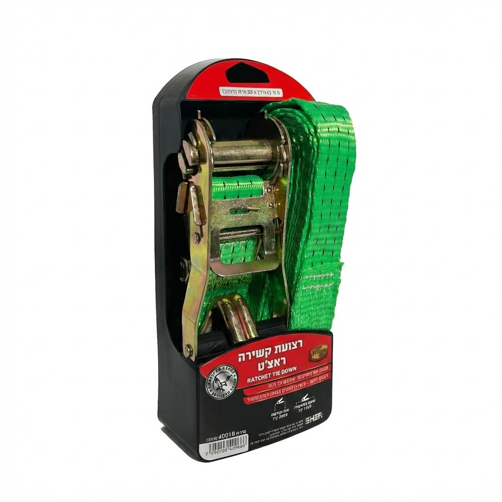 רצועת קשירה ראצ'ט 5 מטר 3 טון (38 מ"מ) – רצועה ירוקה לאבטחת מטען כבד למשאיות