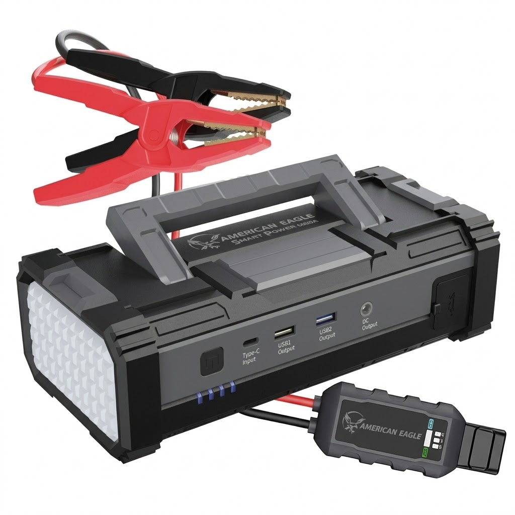 בוסטר התנעה מקצועי American Eagle 6000A עם כבלים חכמים ופנס לד מובנה פנסים Plus