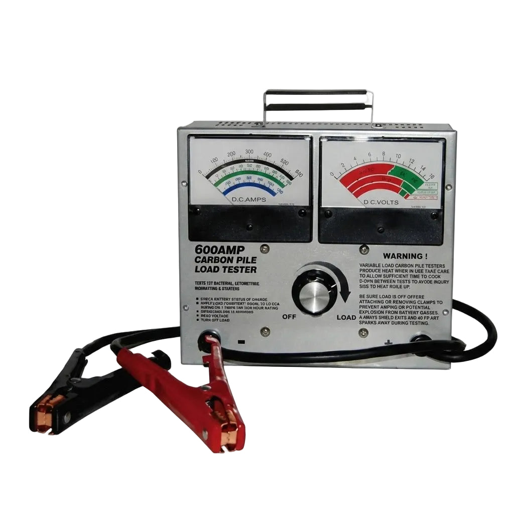 בודק מצברים מקצועי 600A 12V בעומס (Carbon Pile) עם שעוני מדידה אנלוגיים וצבתות חיבור