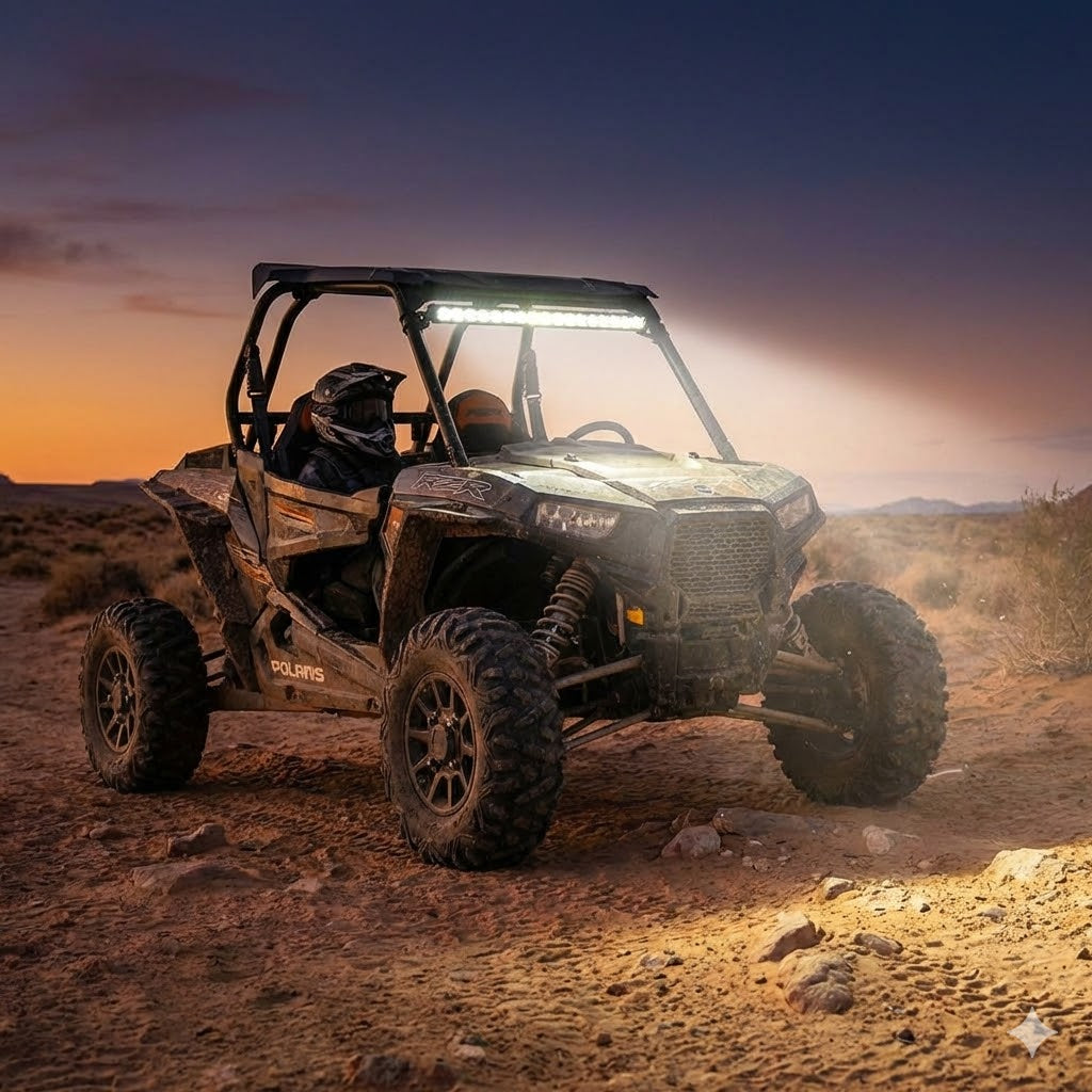 גשר תאורה בר לד 64 ס"מ מותקן על גג טרקטורון RZR בשטח - תאורת לילה חזקה 72W