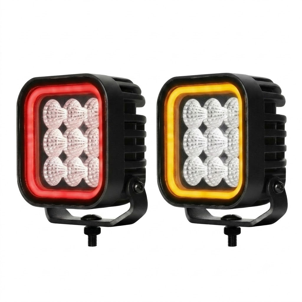 פנס עבודה פרוג'קטור 9 לד מרובע לרכב 10-30V עם אור לבן, כתום מהבהב ואדום פנסים פלוס 