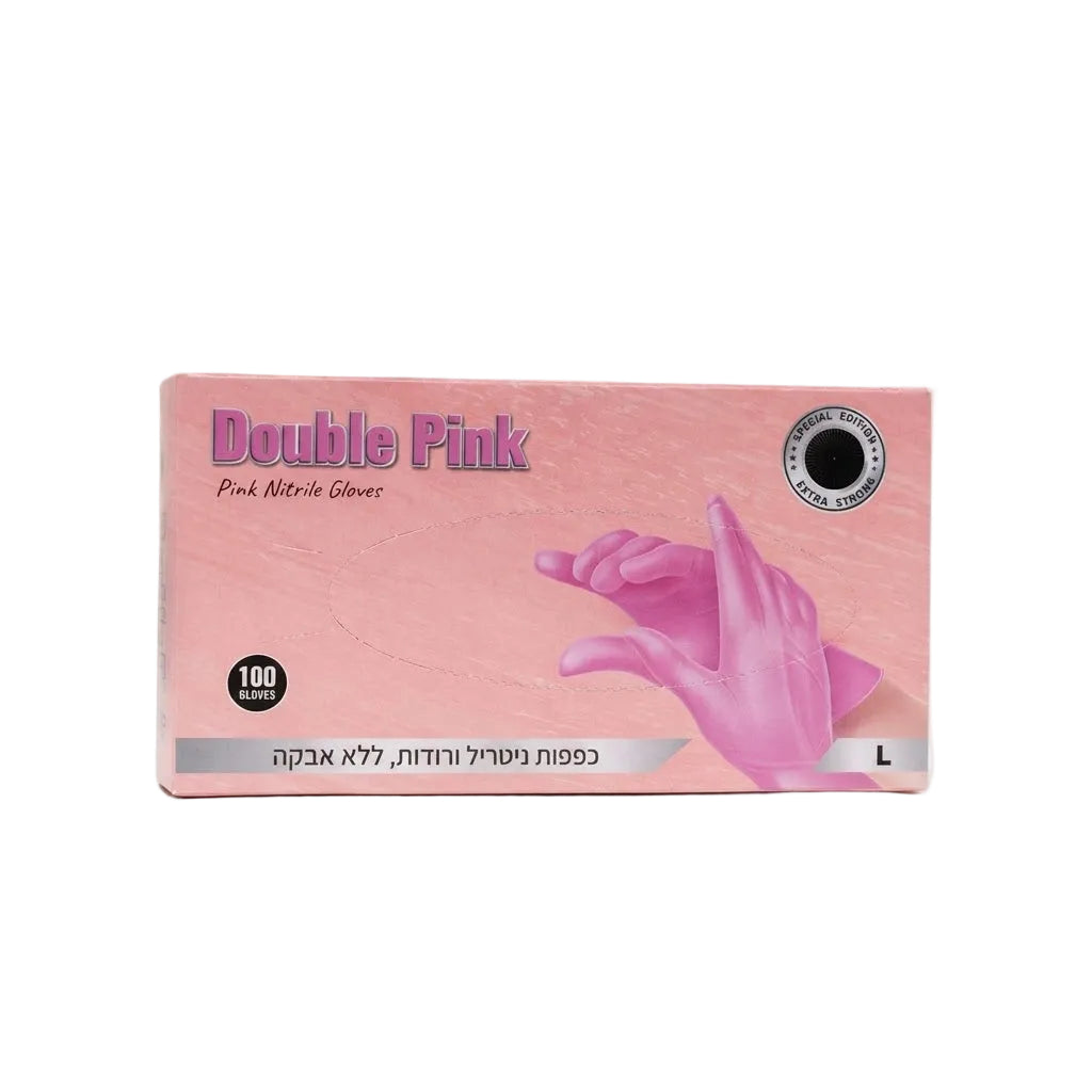 קופסת כפפות ניטריל ורודות חזקות במיוחד Double Pink ללא אבקה, מארז 100 יחידות במידה L פנסים Plus