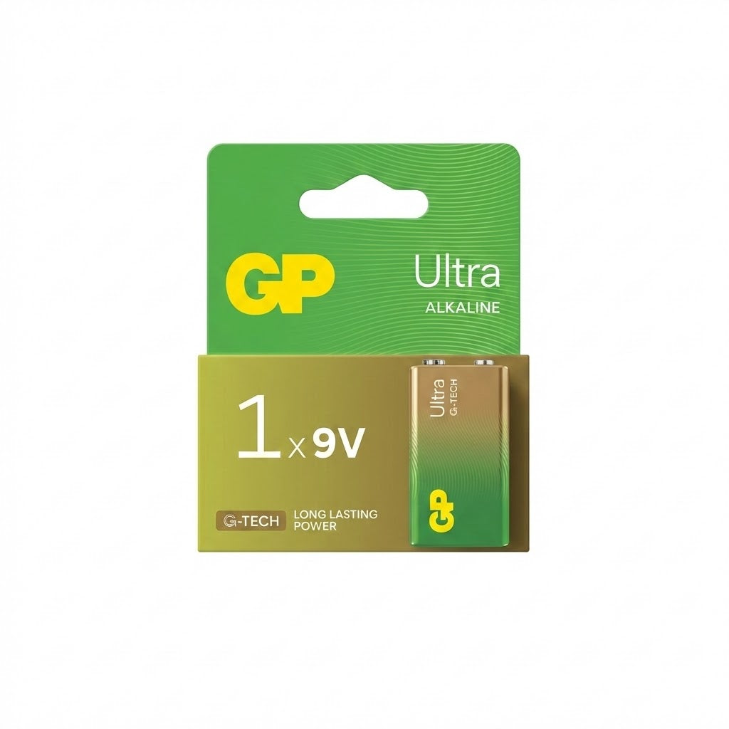 אריזת סוללת GP Ultra Alkaline 9V עם טכנולוגיית G-TECH לכוח ארוך טווח.