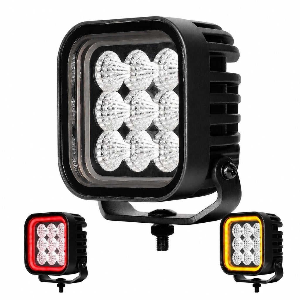 פנס עבודה פרוג'קטור 9 לד מרובע לרכב 10-30V עם אור לבן, כתום מהבהב ואדום פנסים פלוס 