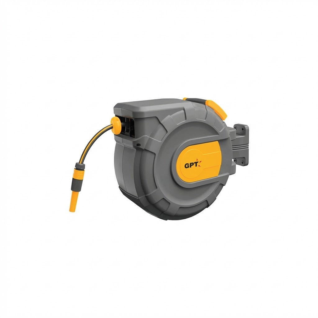 גלגלת השקיה אוטומטית GPT עם צינור נשלף ותושבת לקיר - פתרון מושלם להשקיית גינה ולשטיפת רכב פנסים Plus