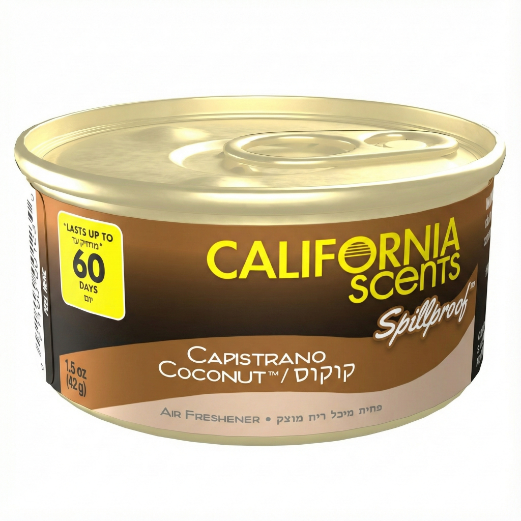 פחית ריח קליפורניה סנטס בניחוח קוקוס (California Scents Coronado Cherry) לרכב ולבית, עמידה בפני נזילות ומחזיקה עד 60 יום.