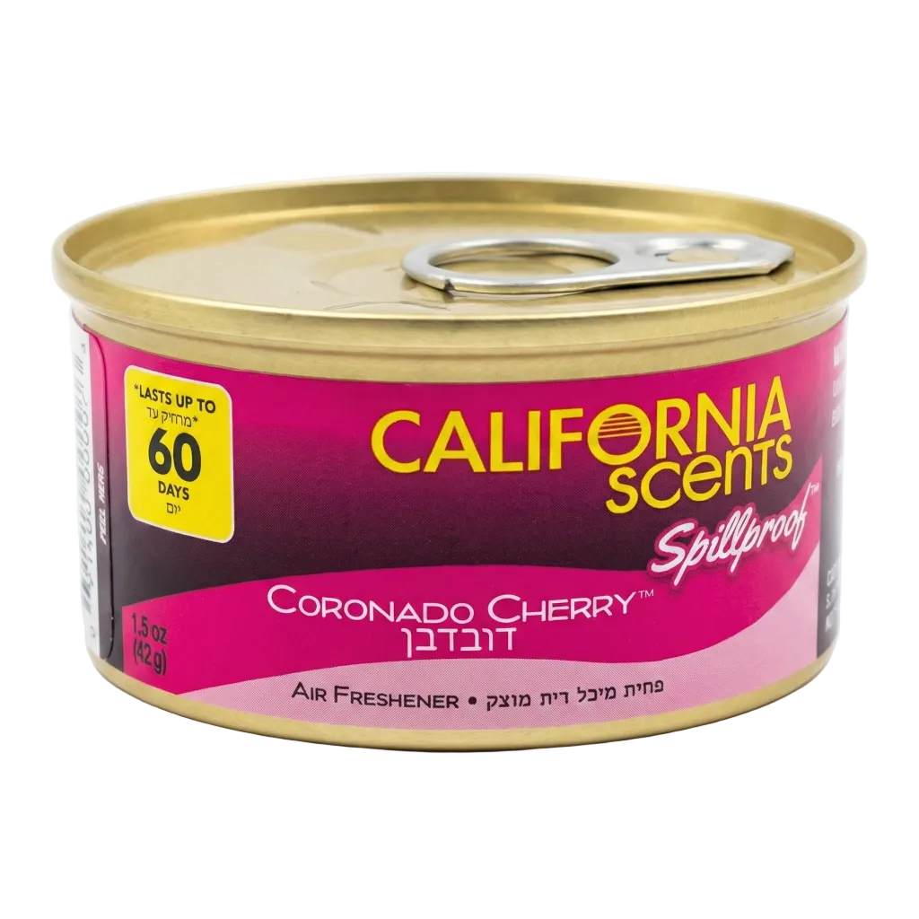 פחית ריח קליפורניה סנטס בניחוח דובדבן (California Scents Coronado Cherry) לרכב ולבית, עמידה בפני נזילות ומחזיקה עד 60 יום.