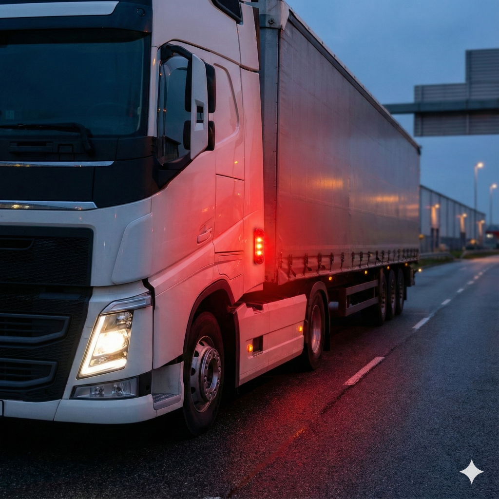 פנס סימון צד לד אדום מותקן ודולק בעוצמה על נגרר של משאית סמי-טריילר במהלך נסיעת לילה בכביש מהיר.