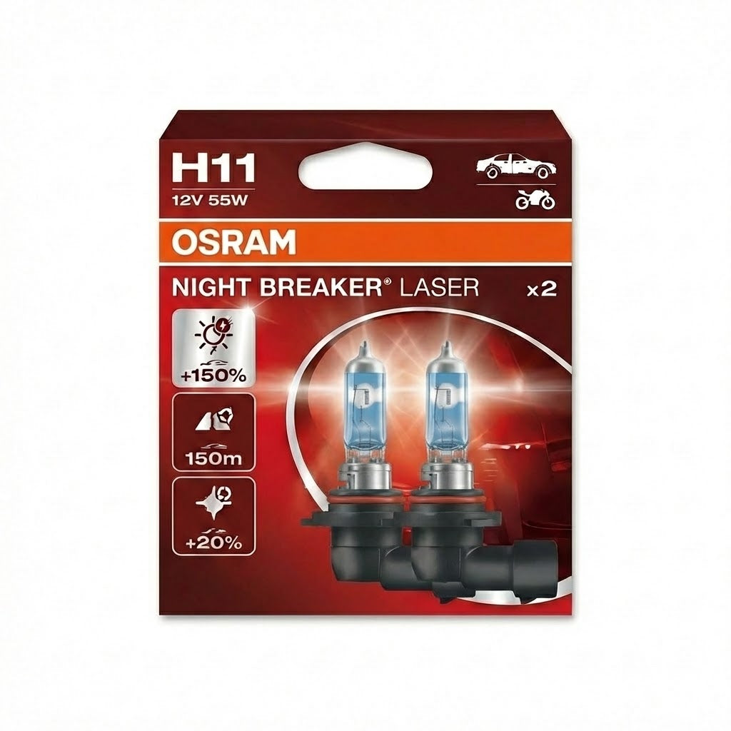 אריזת זוג נורות לרכב OSRAM H11 Night Breaker Laser 12V עם 150% יותר עוצמה