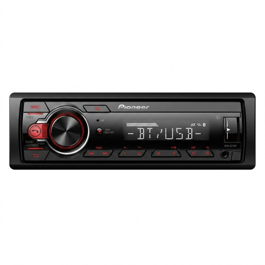 מערכת סטריאו לרכב Pioneer MVH-215BT עם בלוטוס, כניסת USB ו-AUX רדיו דיסק פיונר פנסים פלוס 