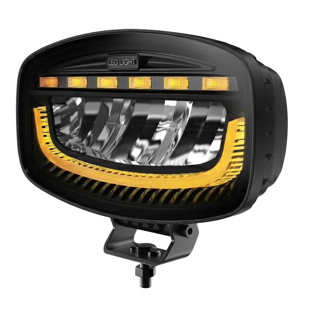 פנס עבודה פרוג'קטור לד אובלי 10-30V עם תאורה לבנה ופס לד מהבהב כתום פנסים פלוס