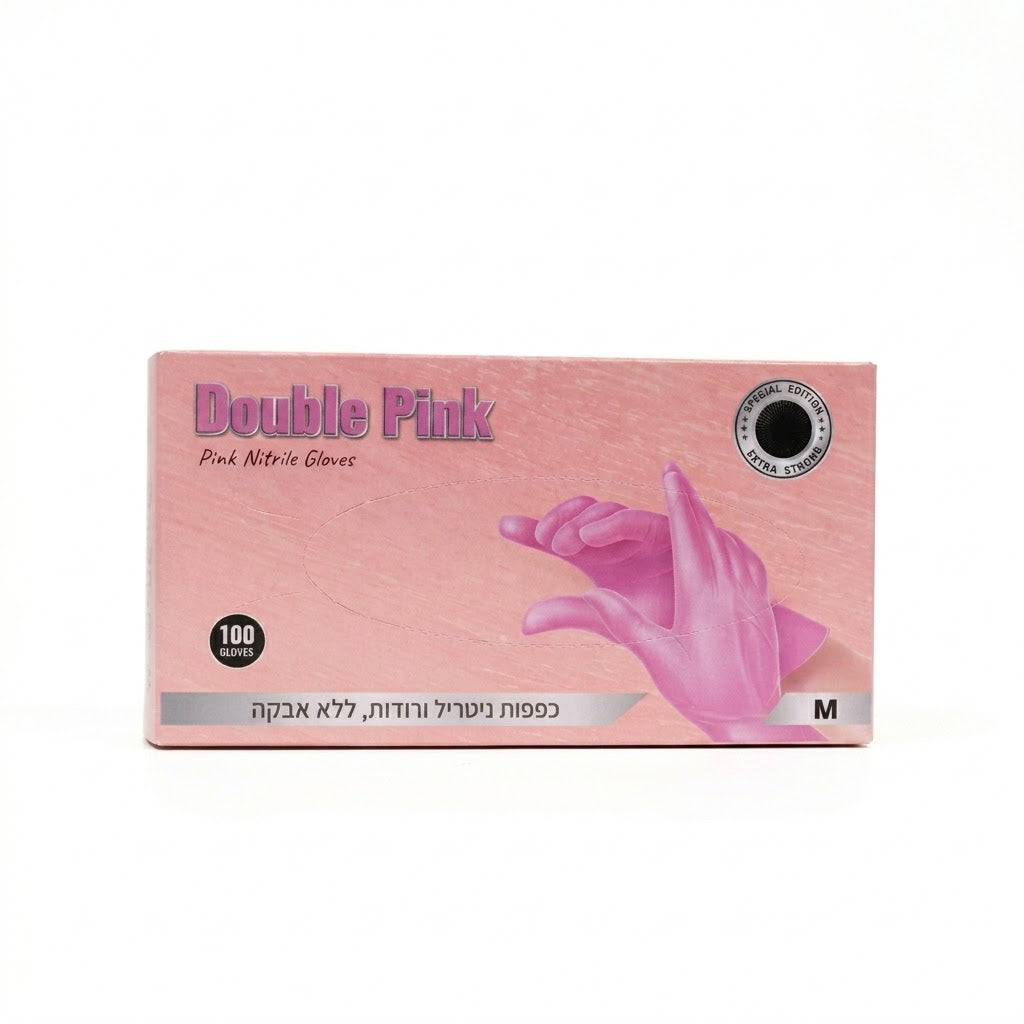 קופסת כפפות ניטריל ורודות חזקות במיוחד Double Pink ללא אבקה, מארז 100 יחידות במידה M פנסים Plus